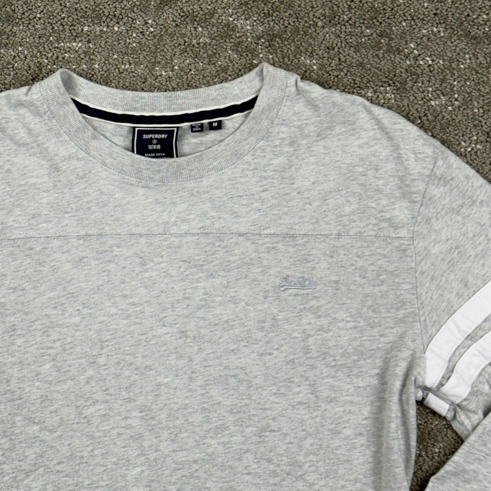 Superdry Top Long Sleeve T-Shirt M Grey Organic Cotton Stripe Logo Sporty
